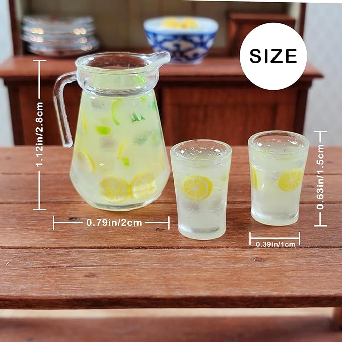 3pcs Miniature Lemonade Pitcher Set, Dollhouse Glasses Bottle Lemonade, Mini Lemon Fruit Ice Tea, for Dollhouse Miniature Kitchen, Fairy Garden, Diorama