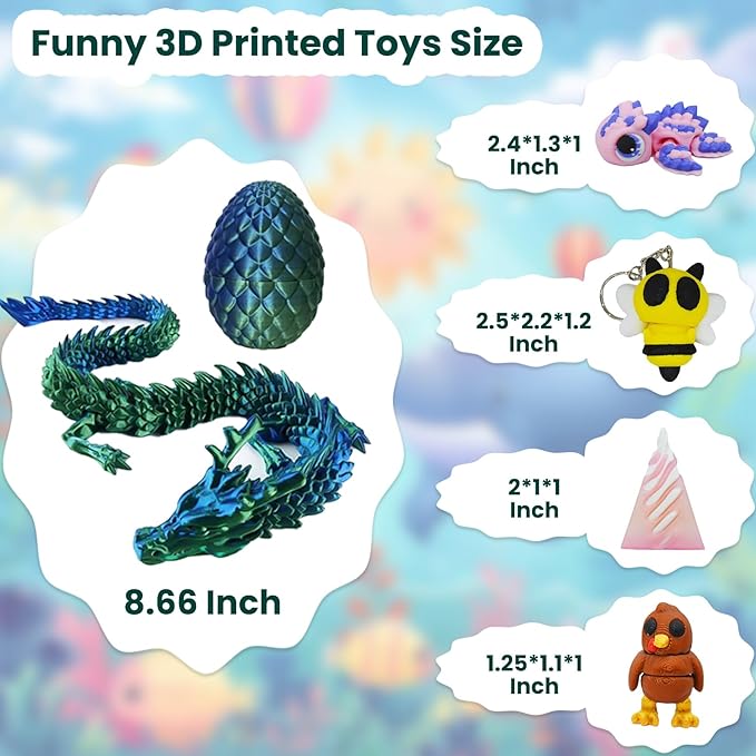 19 Pack 3D Fidget Toys for Kids, 11.8 Inch 3D Printed Dragon Inside Egg, 3D Printed Animals Set for Desk Pets, 3D Printed Toys with Movable Joints, Gift Halloween Toys Decor Desks & Keychain
