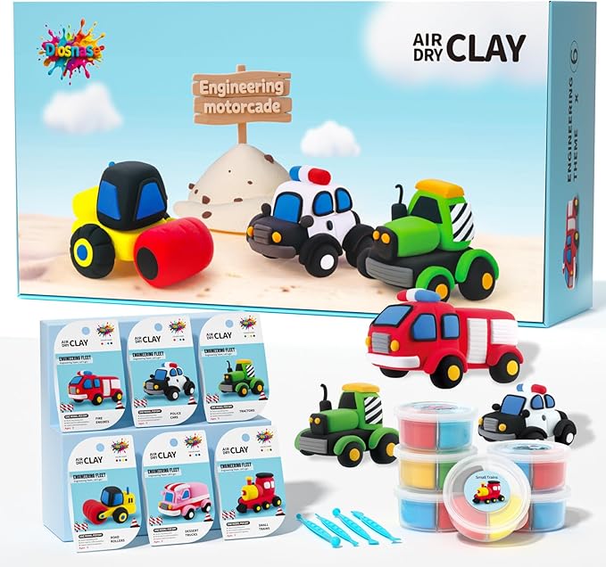 Air Dry Clay for Kids - 6 Vehicle Themed Modeling Clay Kit, Model Magic Clay with Sculpting Tools and Tutorials, Ultra Light & Soft, Non-Toxic & Safe, DIY Arts and Crafts School Projects for Kids