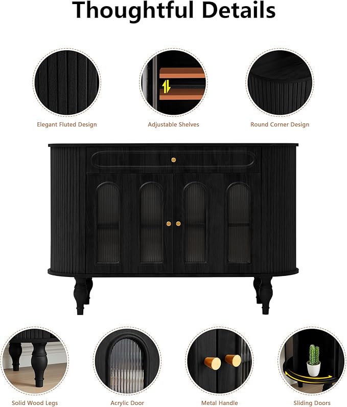 47'' Fluted Sideboard Buffer Cabinet with Drawer, Modern Credenza Storage Cabinet, Bar Cabinet Console Table with Tambour Sliding Side for Living Dining Room Kitchen Hallway Entryway, Black