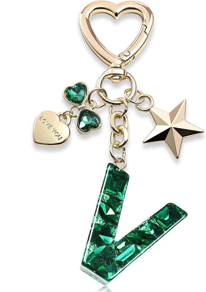 Cute Bling Keychain initial Letter Butterfly Star Pink Purple Gift for Women Girls Bag Cup Charms Accessories