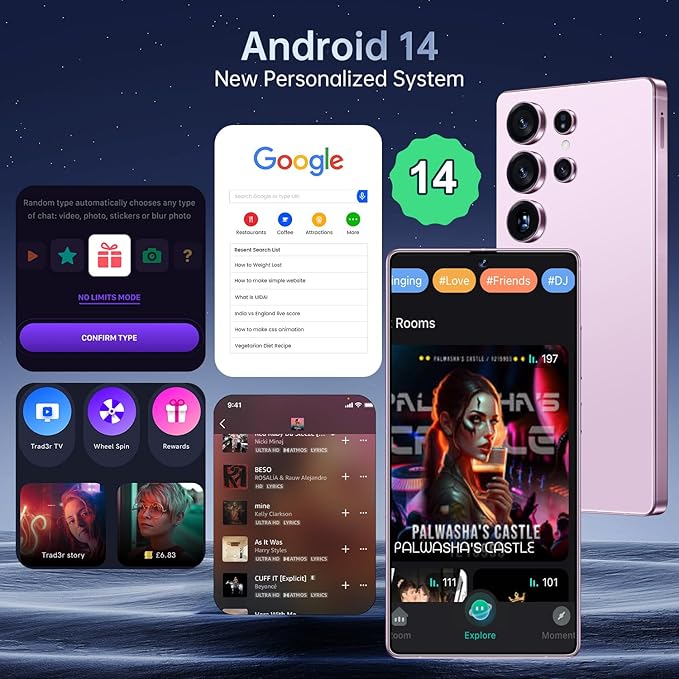 BDWJW I25 Ultra Smartphone 16GB+512GB Android 14 Smartphone, 6.99" FHD+ Display, 7000mAh Battery, 108MP+68MP Dual Camera, Built-in Pen Stylus, Fast Performance Large Memory (Pink)