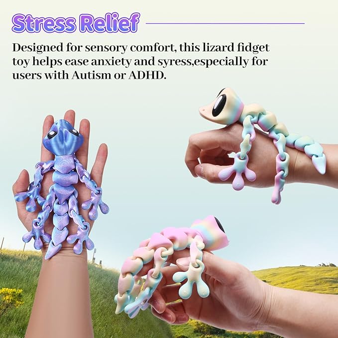 3D Printed Articulated Lizard, Flexible Dynamic Animals Toys, Full Articulated Toy with Magnets, Adults Fidget Toys for Autism ADHD, Home Office Decor, Festival Gifts (Colorful)