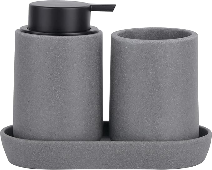 Clasin Home Grey Bathroom Accessories Set, 3 Pcs Resin Bathroom Accessories Complete Set, Sandstone Look Soap Dispenser with Large Pump, Toothbrush Cup, Soap Dish for Modern Home Decor and Kitchen