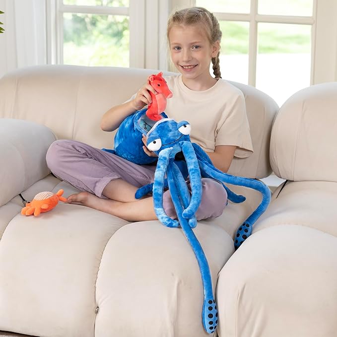 5Pcs Giant Squid Stuffed Animal 41.3" with Small Marine Clownfish,Crab, Seahorse, Angler Fish Baby Plush Toys, Adorable Bulk Ocean Animal Plushies Gifts for Squid Toys Lover,Kids,Boys,Girls