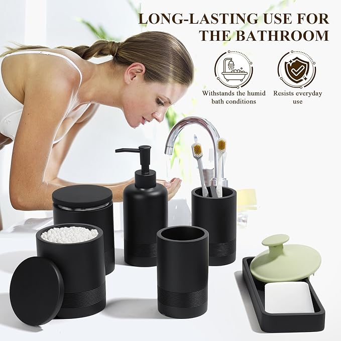 Bathroom Accessories Set, 6-Piece Bathroom Accessory Set, Toothbrush Holders Set, Soap Dispenser, Vanity Tray, Tumbler, Cotton Swab Jars, Bathroom Organizer for Modern Bathrooms(Matte Black)