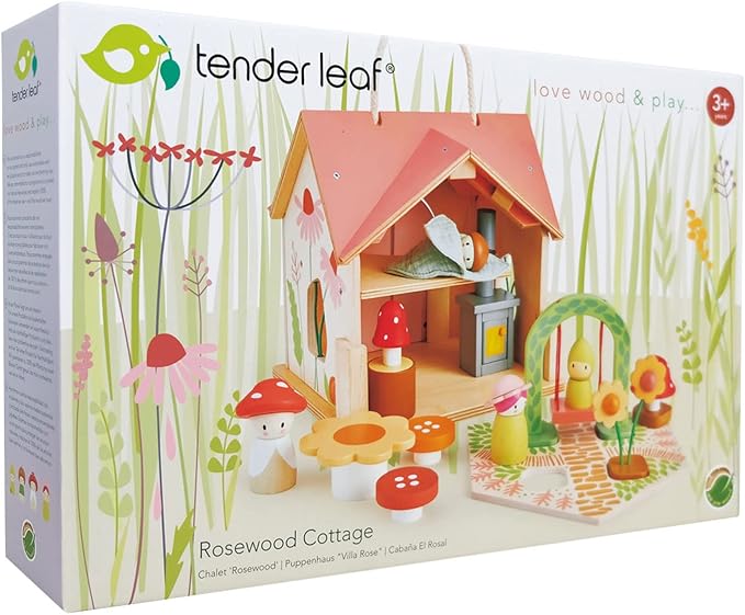 Tender Leaf Toys - Rosewood Cottage - Portable Furnished Wooden 2-Story Dollhouse Set with Handle, 4 Pcs Miniature Toadstool Family with 10 Accessories - Pretend Play Gift for Kids - Age 3+