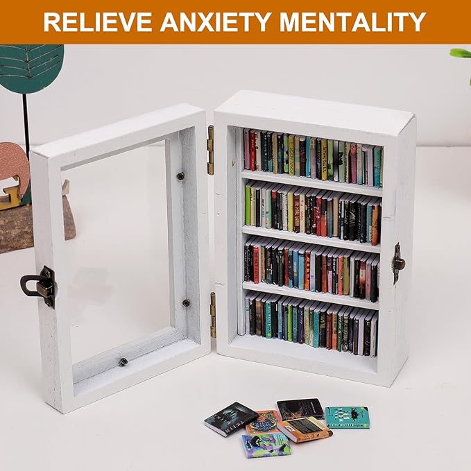 Anxiety Bookshelf Ornament With 100pcs Miniature Books| Anxiety Miniature Book Library | Small Wooden Pocket Bookshelf for Bookworms | Book Lovers Gift (White)