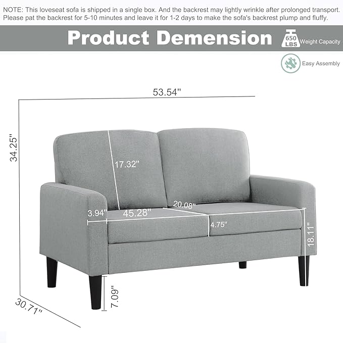asunflower Small Loveseat Sofa 52Inch Couch for Small Spaces, Comfy Linen Fabric 2 Seater Sofa Office Couch Tool-Free Assembly Love Seats for Bedroom,Drom Room,Kid's Room,Light Grey