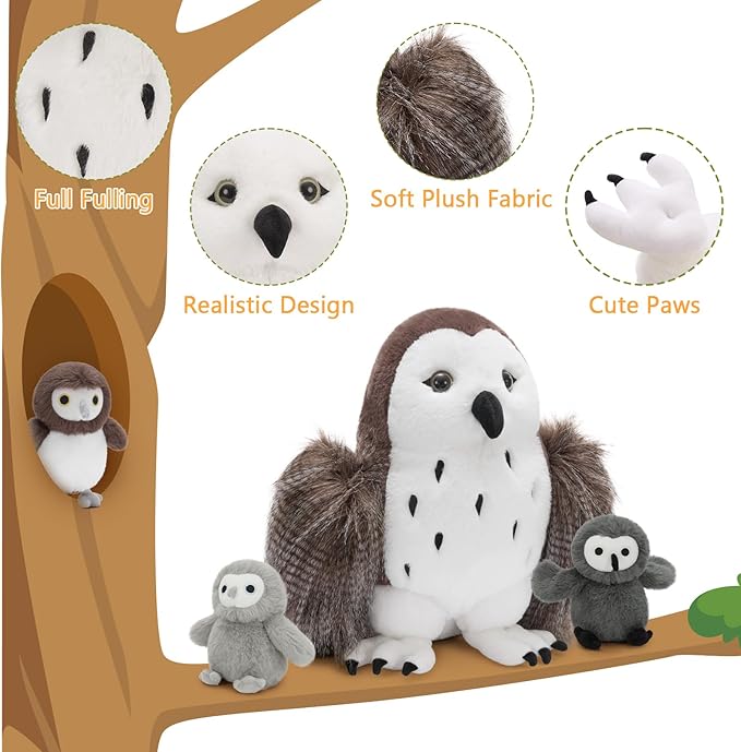 4Pcs Owl Plush Set, Giant Mother Owl Stuffed Animal with 3 Baby Owls Inside, 18" Cute Stuffed Owl for Girls Boys Kids, Soft Owl Plushie Gift for Christmas Birthday Baby Shower, Brown