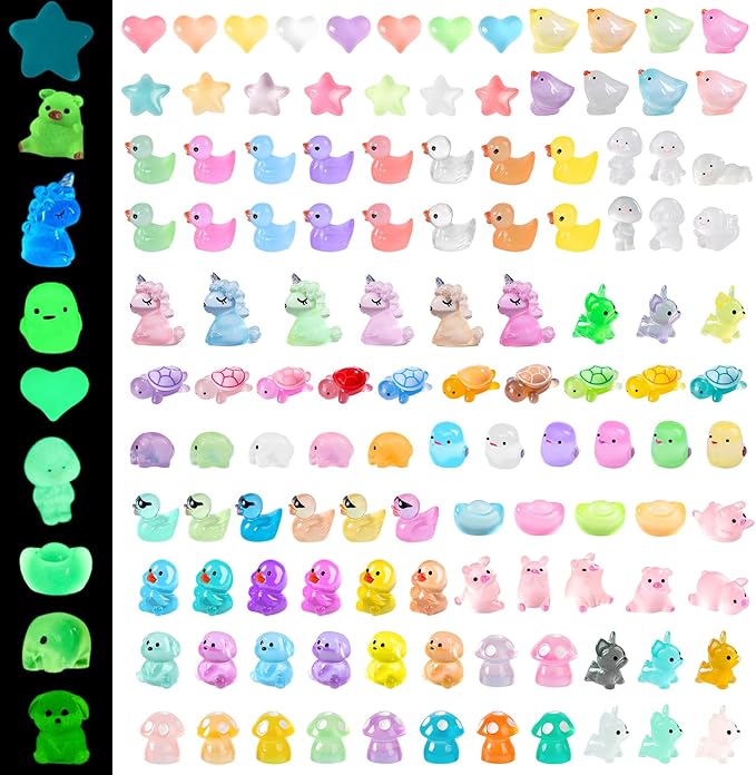 120 Pcs Luminous Mini Resin Animals Kit Accessories Variety Pack Glow Animal Figurines Resin Mini Garden Decor for Garden Micro Landscape Aquarium Potted Dollhouse Decor