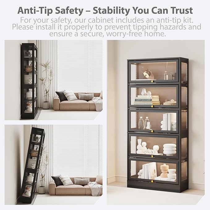 Display Cabinet with Acrylic Glass Doors,5-Tiers Curio Cabinet with LED Lighting for Collectibles, Collectibles Toy Organizers Rack & Display Shelf Display Case Storage Cabinet, Black