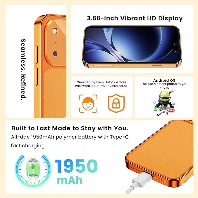 Leesoosa Mini Smartphone with 3.88-inch HD Touchscreen, 4G Dual SIM, Android 12, Face ID, Compact, Pocket-Sized for Students, Suitable as a Backup Phone or a Gift for Children 3GB+32GB (Blue)