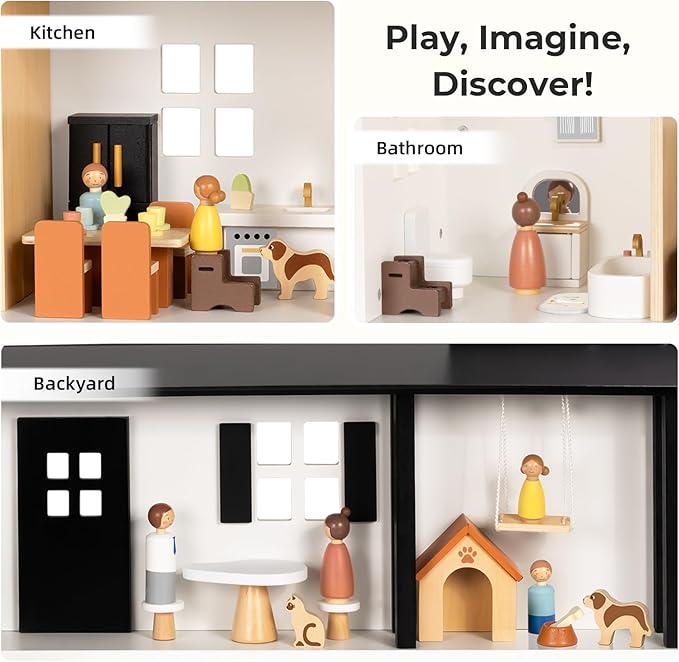 OOOK Wooden Dollhouse, Modern Doll House with 66Pcs Luxurious Furniture Accessories, Including Dolls and Pet Sets, Wood Dollhouse Toy for Boys and Girls 3+