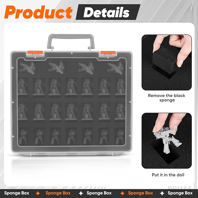 Miniature Storage Carrying Figure Case - 50 Slot Figurine Minature Carrying Case with 2 Foam Layer for Miniatures Compatible with 40k, DND & More (Transparent)