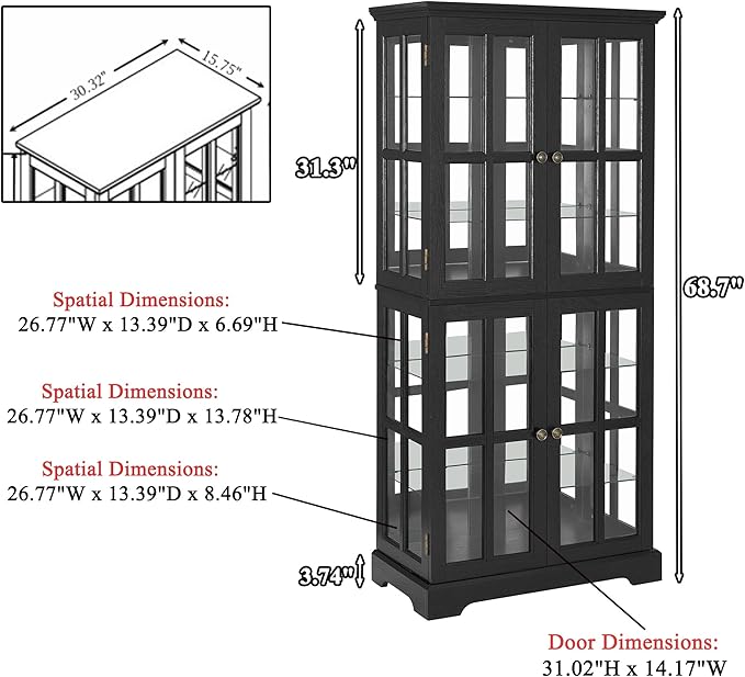 68" H Glass Curio Display Cabinet with Light, 6-Tier Wooden Storage Showcase w/ 4 Glass Doors & Adjustable Shelves, Vintage Accent Cabinet w/Mirrored Back Pane for Home & Office (Black)