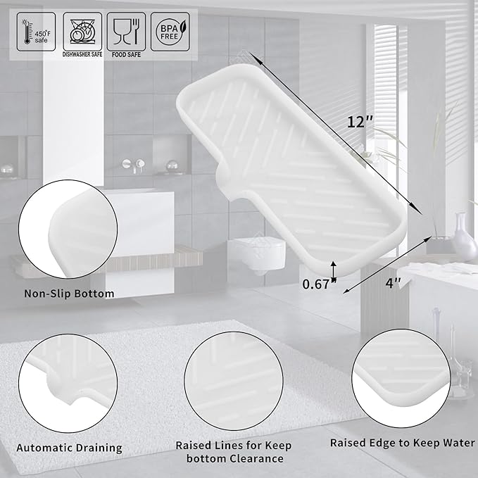 MicoYang Silicone Bathroom Soap Dishes with Drain Spout-Bathroom and Kitchen Sink Organizer,Sponge Holder,Dish Soap Tray,Perfect for Dispenser,Scrubber,Bottle,Cup on Sink or Counter-Translucent 12"×4"