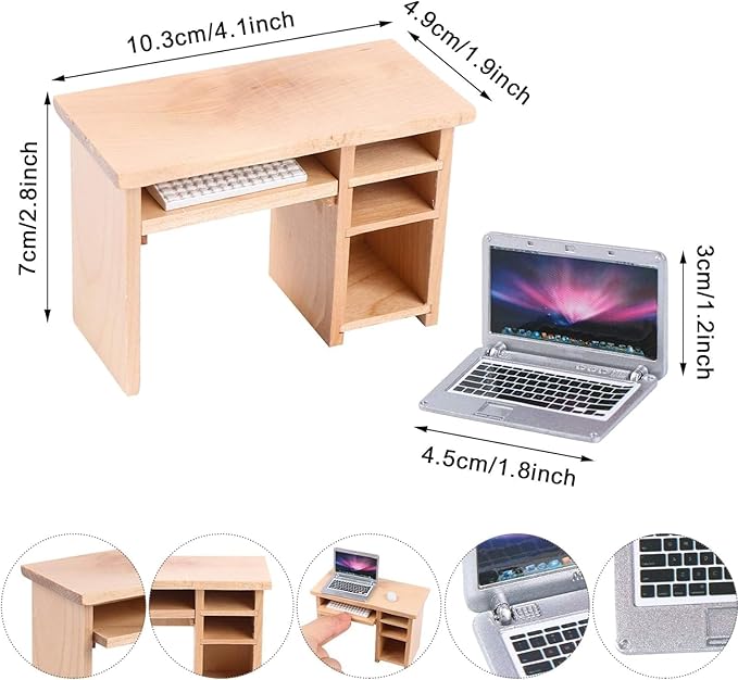 Dollhouse Miniature Laptop Computer and Office Table Doll House Simulation Notebook Accessories for Doll 1/6 1/12 Miniatures Pretend Play