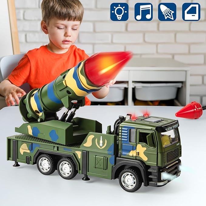 Military Missile Launch Truck Toy, with Lights Sounds and Pull Back Army Car, Alloy Die-cast Simulated Combat Vehicle Model Toy for Kids Age 3-6