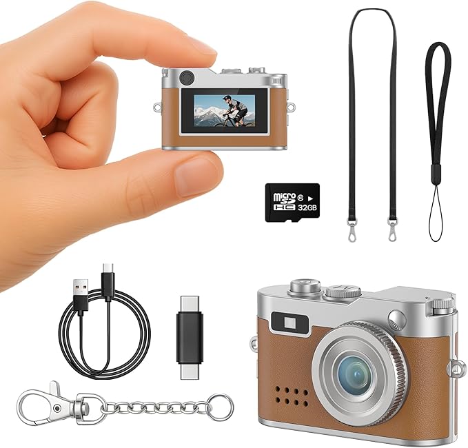 Mini Retro Camera with 1080P Video, 12MP Photos, Keychain Digital Camera, Ultra-Compact Tiny Camera with 32GB SD Card, OTG Adapter, Vintage Little Cameras for Travel, Daily Vlogging, Brown
