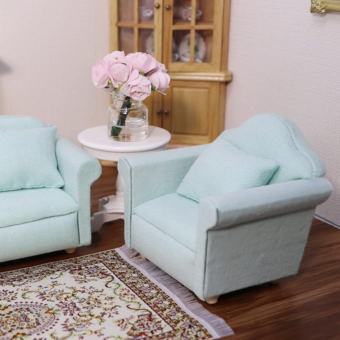 Dollhouse Couch Miniature Furniture Sofa with Pillows for Living Room Desktop Decoration Fabric Sofa Mini Home Scene Accessories Ornament (Sofa Set, Green)