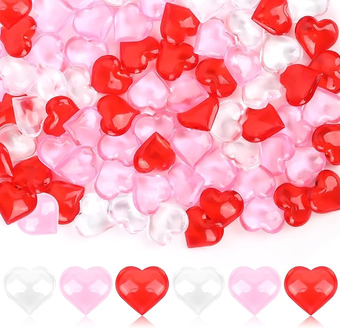 JUNEBRUSHS 120 Pcs Acrylic Red Pink Heart, Valentines Day Decorations Hearts Ornaments Red Pink Heart Shaped Gems Vase Filler for Valentine's Day Wedding Home Table Decor