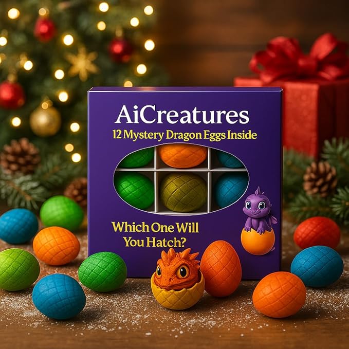 12 Pack 3D Printed Dragon Eggs & Crystal Dragons – Articulated Fidget Toy Gift Set with Display Tray, Assorted Colors for Kids, Collectors, Party Favors & Stocking Stuffers