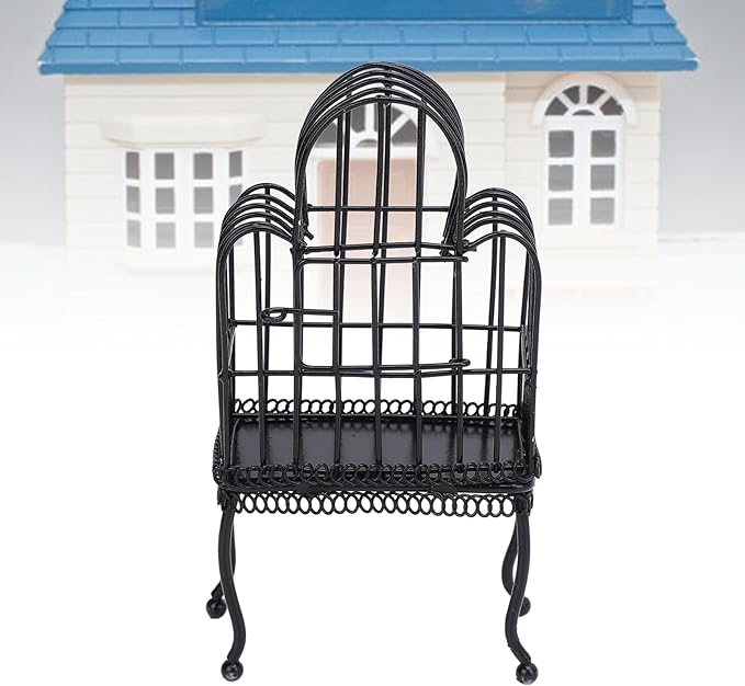 1:12 Scale Dollhouse Bird Cage Metal Miniature Bird Cage Realistic Opening Door Miniature Dollhouse Bird Cage with Fake Grass Bird Sticker (Black)