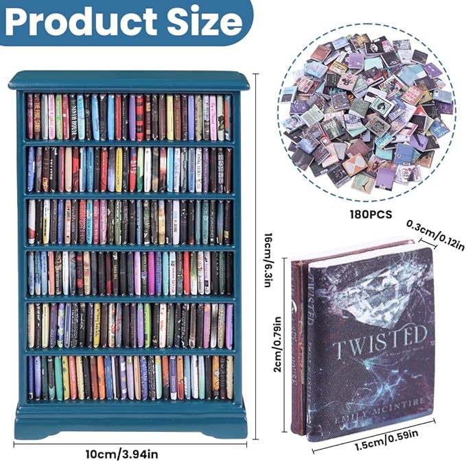 DIYDEC Mini Bookshelf with 180pcs Mini Books Miniature Blue Bookshelf Ornament Tiny Small Library Decor Shake Away Your Anxiety for Book Lovers Gift Home Room Office