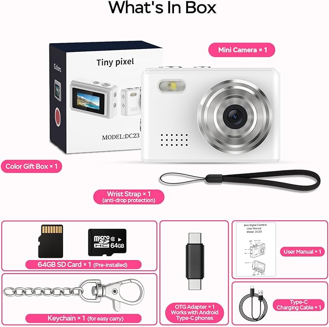 Dienspeak Mini Camera 1080P HD Video Recorder - Keychain Digital Camcorder with 64GB Card, 0.96" HD Display, Long Battery Life, Ultra-Portable Tiny Camera for Travel/Vlog/Night Shots, White