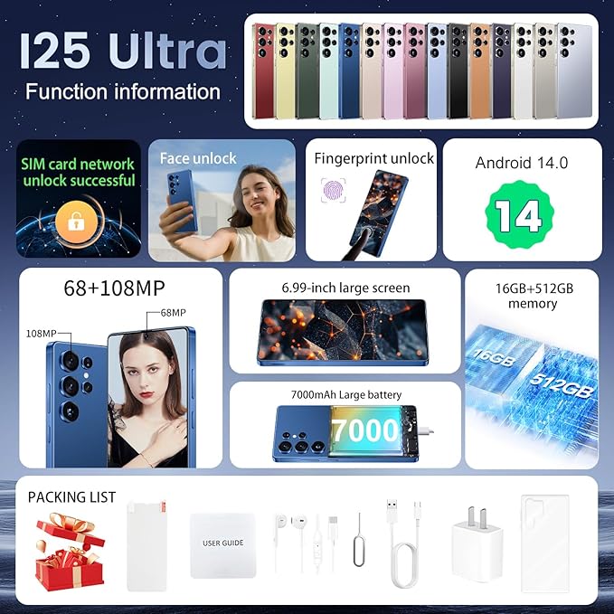 BDWJW I25 Ultra Smartphone 16GB+512GB Android 14 Smartphone, 6.99" FHD+ Display, 7000mAh Battery, 108MP+68MP Dual Camera, Built-in Pen Stylus, Fast Performance Large Memory (Blue)