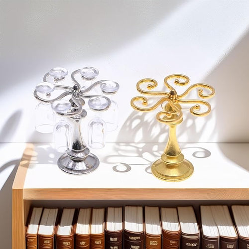1:12 Scale Miniature Wine Glass Set with Metal Rack (Gold/Silver), 6 Clear Goblets, Elegant Dollhouse Dining Room & Bar Accessory for Collectors (Gold)