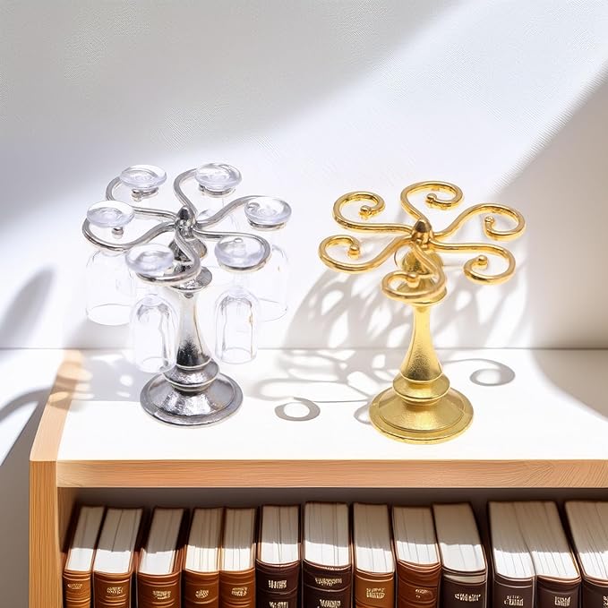 1:12 Scale Miniature Wine Glass Set with Metal Rack (Gold/Silver), 6 Clear Goblets, Elegant Dollhouse Dining Room & Bar Accessory for Collectors (Silver)