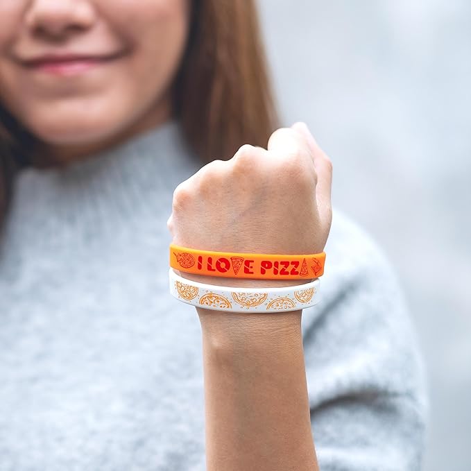Lesnala 48 Pcs Pizza party favors silicone bracelets 6 Styles Pizza themed rubber wristbands Pizza day colorful stretch wristband for Women Men Party Decorations Kids School Prizes