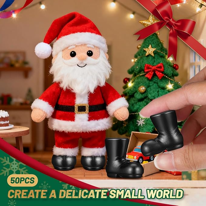 Milisten 50pcs Miniature Santa Boots, Mini Christmas Santa Claus Shoes, Tiny Black Boots for Dollhouse Decoration DIY Craft Projects Dollhouse Holiday Decor