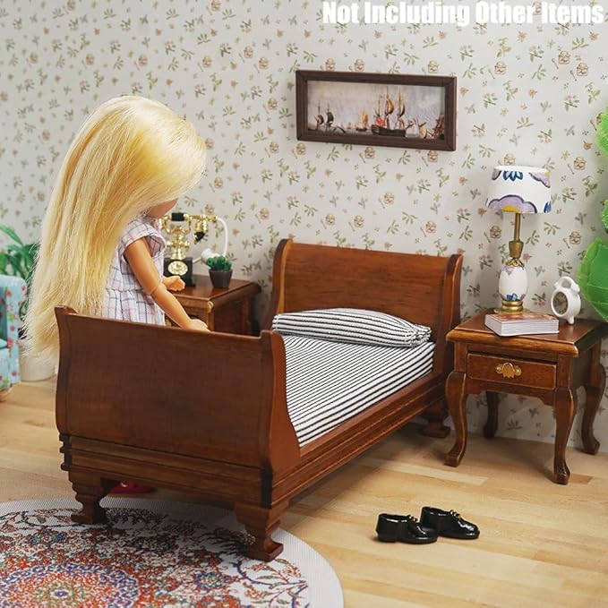 Odoria Dollhouse Single Bed Miniature: 1/12 Scale Wooden Bed Victorian for 6 inch Dolls Bedroom Vintage - Mini Brown Furniture with Bedding Fabric