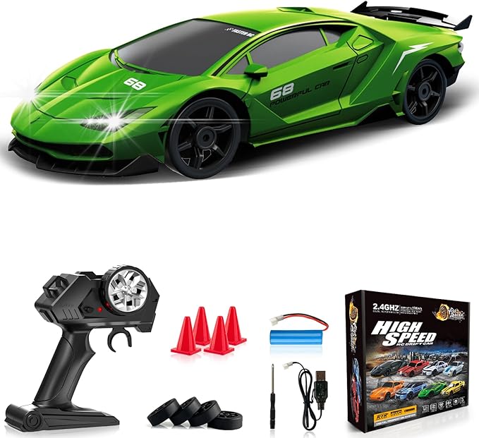 RC Drift Car 1:24 Remote Control Car 4WD 15KM/H High Speed Racing Sport Car with LED Lights RC Cars Toy for Kids Boys Girls Adults Gifts Birthday Christmas Rechargeable Batteries