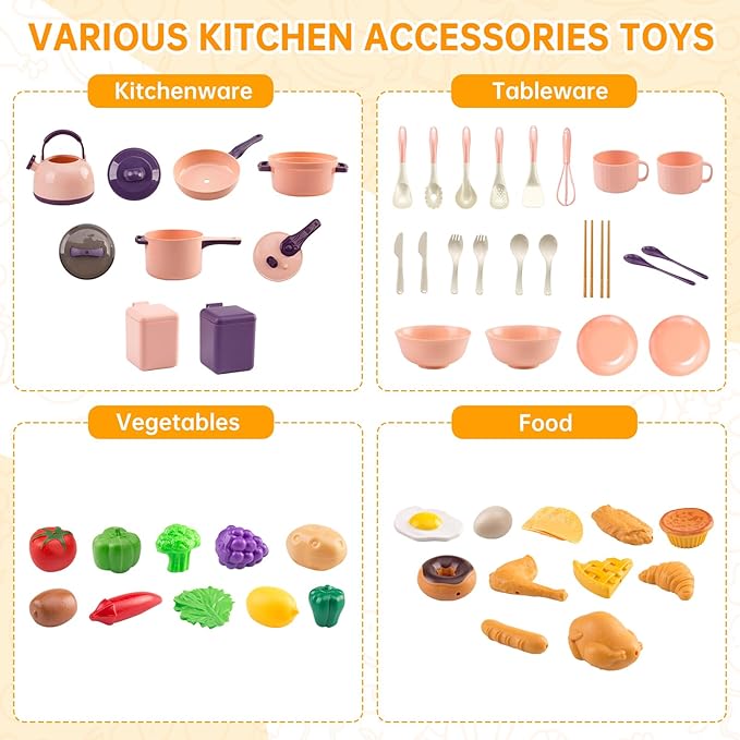 60Pcs Kids Mini Play Kitchen Accessories, Pretend Cooking Play Set with Cookware, Tableware & Fruit & BBQ Sets, Learning Gift for Boys, Girls, Toddlers,Pink