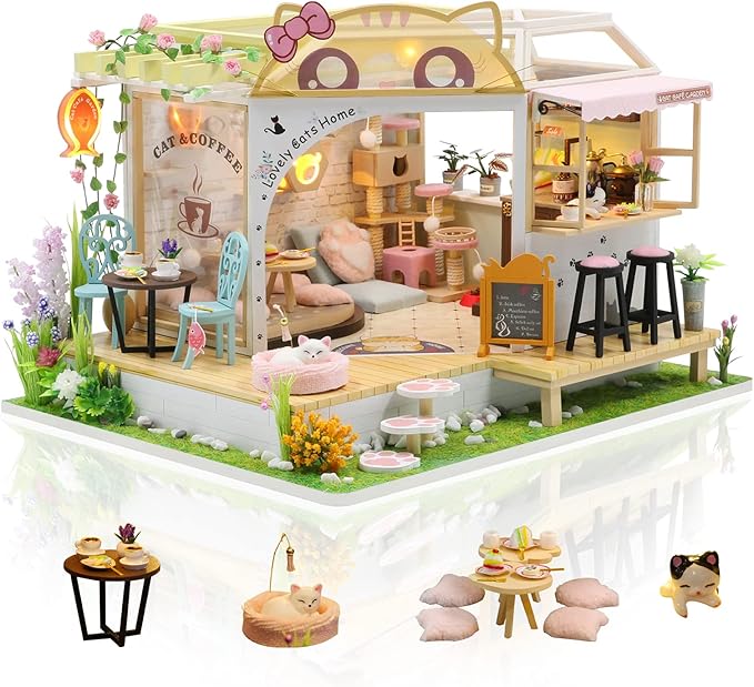 GuDoQi DIY Miniature Dollhouse Kit, Tiny House kit with Music, Miniature House Kit 1:24 Scale, Great Handmade Crafts Gift for Christmas Day Birthday Christmas Day,Lovely Cats' Coffee Shop