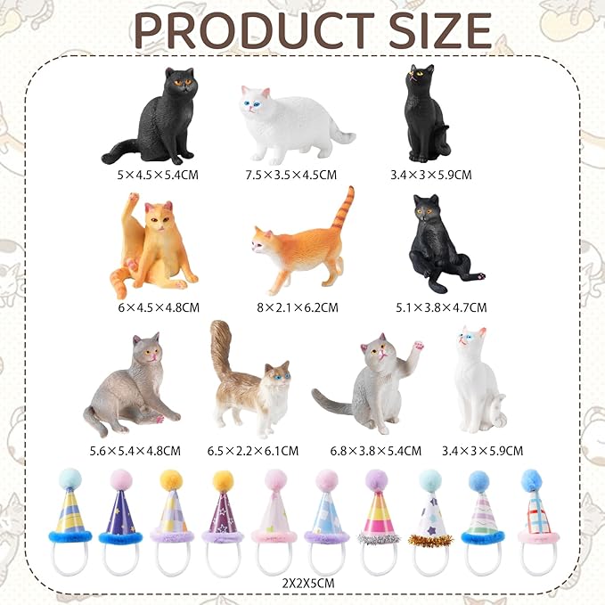 20 Pcs Miniature Cat Figurines with Birthday Hats Kit, Resin Tiny Cat Figurines Cake Toppers for Birthday Cat Cake Party Decorations