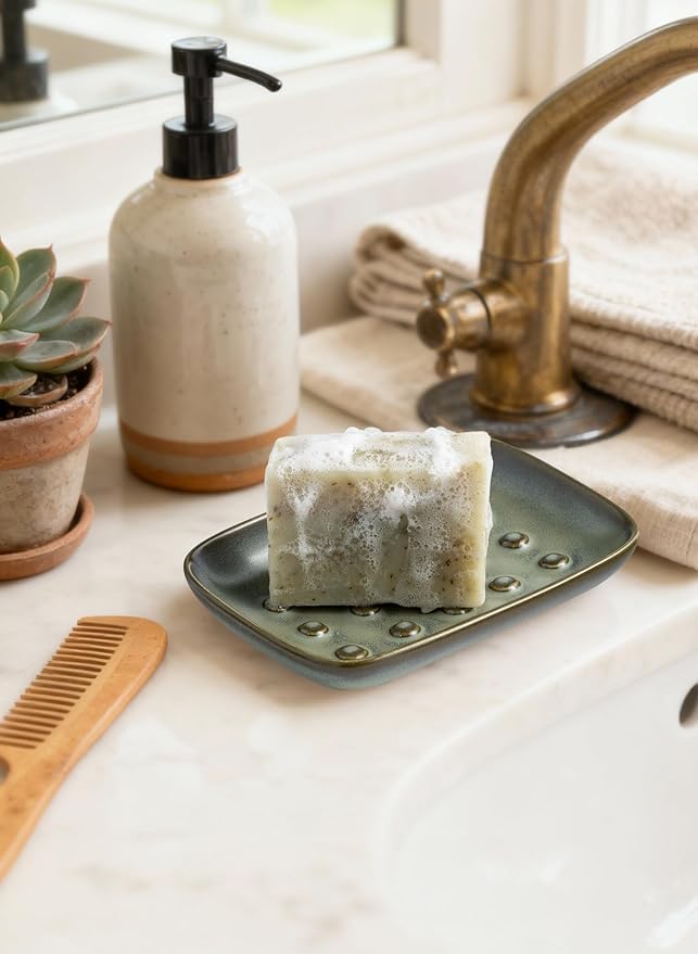 Ceramic Soap Dish for Shower, Non-Slip Bar Soap Saver Tray Bar for Bathroom Kitchen Sink Bathtub, Easy to Clean, Raised Pattern - Keep Soap Dry, Dark Green