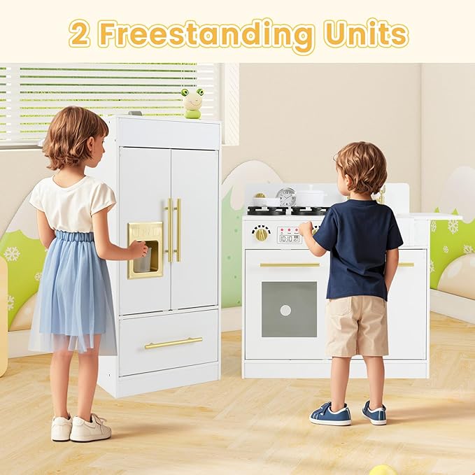 INFANS Play Kitchen Set, Kids Children Pretend Toy Kitchen 2-Piece Playset with Refrigerator, Oven, Microwave, Ice Maker, Sink with Faucet, Kitchenware Accessories for Girls Boys Ages 3+