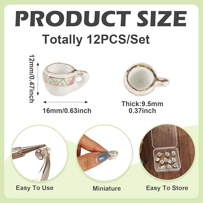12Pcs Miniature Ceramic Tea Cup for Dollhouse 16x12mm Porcelain Mini Coffee Cup Charms Set for Micro Landscape Garden Tea Party Playhouse Ornaments DIY House Scene