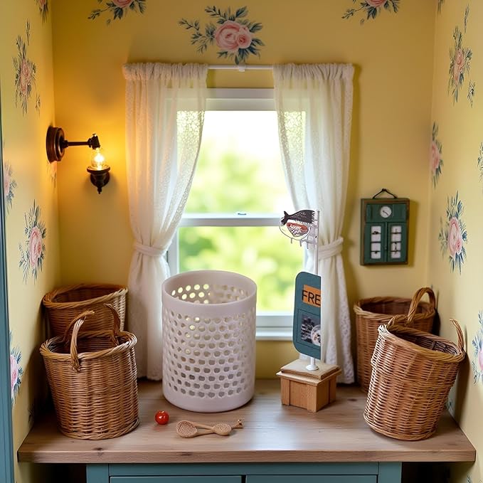 2Pcs 1:12 Scale Dollhouse Miniature Storage Basket, Plastic Laundry Basket, Bathroom Furniture Accessory