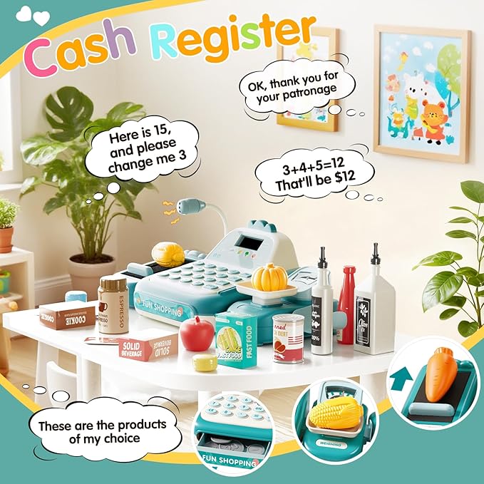 49PCS Pretend Play Cash Register Toy Set for Kids with Real Calculator,Scanner,Microphone,Conveyor Belt,Weighing Tool,Cashier Playset Realistic Gift for Toddler Kid Ages 3 4 5 6 7 8 (Green)