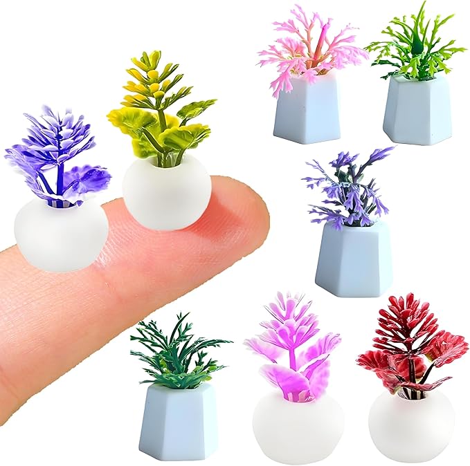 8 Pcs Miniature Potted Plants Set – 1:12 Scale Dollhouse Greenery Ornaments, Realistic Tiny Bonsai & Flower Pots for Fairy Garden, Terrarium, Desk Display, DIY Craft & Micro Landscape Decoration（ B ）