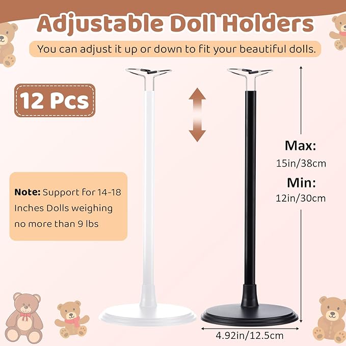Yaocom 12 Pcs Adjustable Doll Stand Display Holder for 14 to 18 Inches Action Figure Stands with Expandable Waist Wire Bracket Support Dolls Display Rack for Home Shop Birthday Party (White,Black)