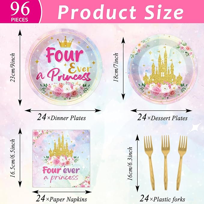 96Pcs Princess Birthday Party Supplies Four Ever a Princess Plate and Napkin Watercolor Pastel Rainbow Castle 4th Birthday Paper Dinner Plate Fairytale Party Tableware Dinnerware Set for Girl Serve 24