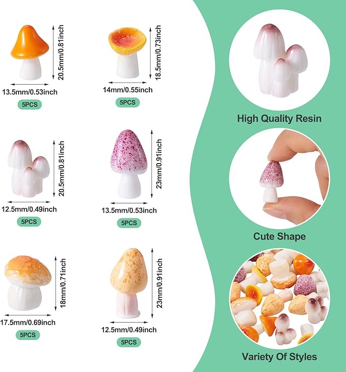 30 Pcs Mini Mushrooms Figurines Tiny Miniature Mushroom Charms Yellow Resin Mushrooms Dollhouse Ornaments for Fairy Garden Fish Tank Plant DIY Cake Topper Table Office Desk Home Party Decor