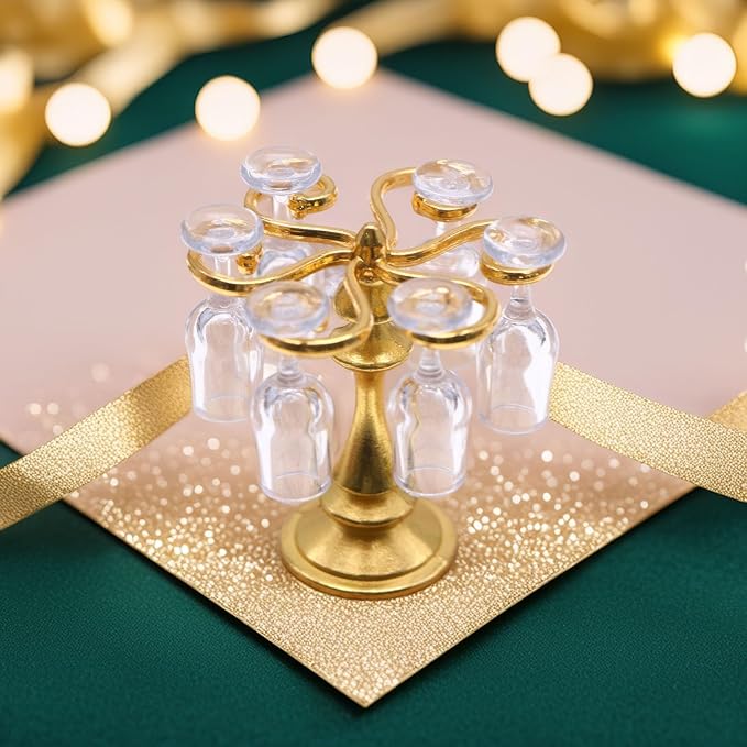 1:12 Scale Miniature Wine Glass Set with Metal Rack (Gold/Silver), 6 Clear Goblets, Elegant Dollhouse Dining Room & Bar Accessory for Collectors (Gold)